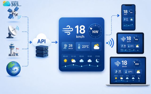 A wind speed weather widget connects to weather data through an API