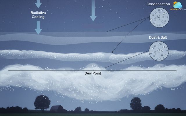 Freezing fog forms through 3 stages