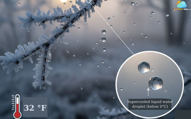 Droplets remain liquid even though they are colder than the freezing point