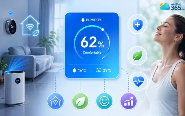 A humidity widget helps users monitor conditions