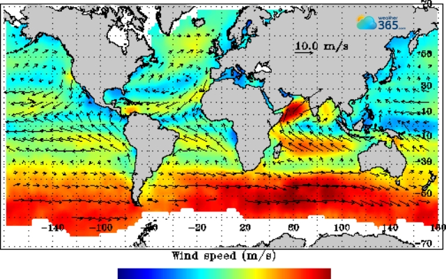 Follow arrows/wind barbs to read wind speed and direction