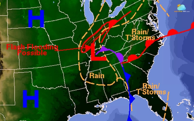 Air pressure is indicated by H and L on the weather map