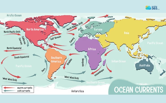 Ocean currents show how water is moving across the oceans