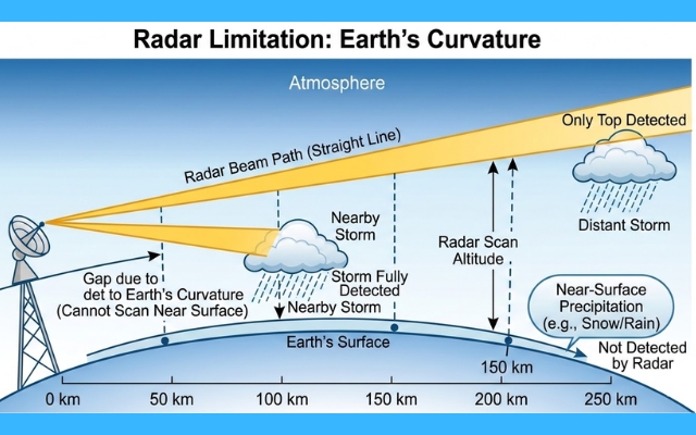 Earth’s surface curves away beneath radar beams