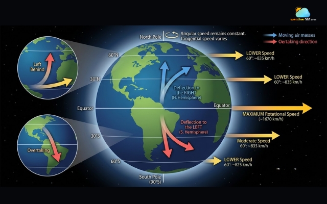 The difference in rotational speed results in the Coriolis effect