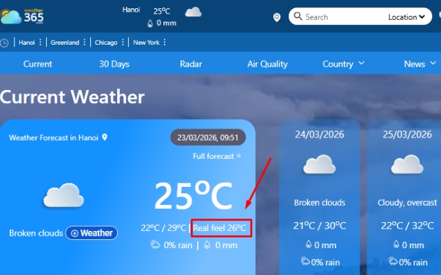 Weather 365 provides the feels-like/real feel temperature
