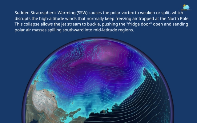 The SSW disrupts the polar vortex and causes it to split