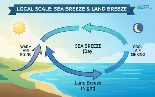 Sea and land breezes change direction across day and night