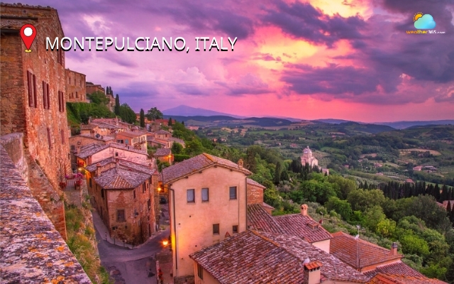 Light hits the red brick and travertine facades of the Renaissance town