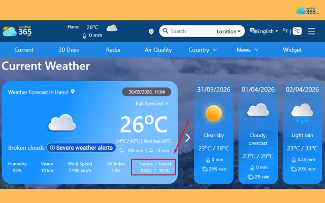 Check sunrise/sunset times with Weather365