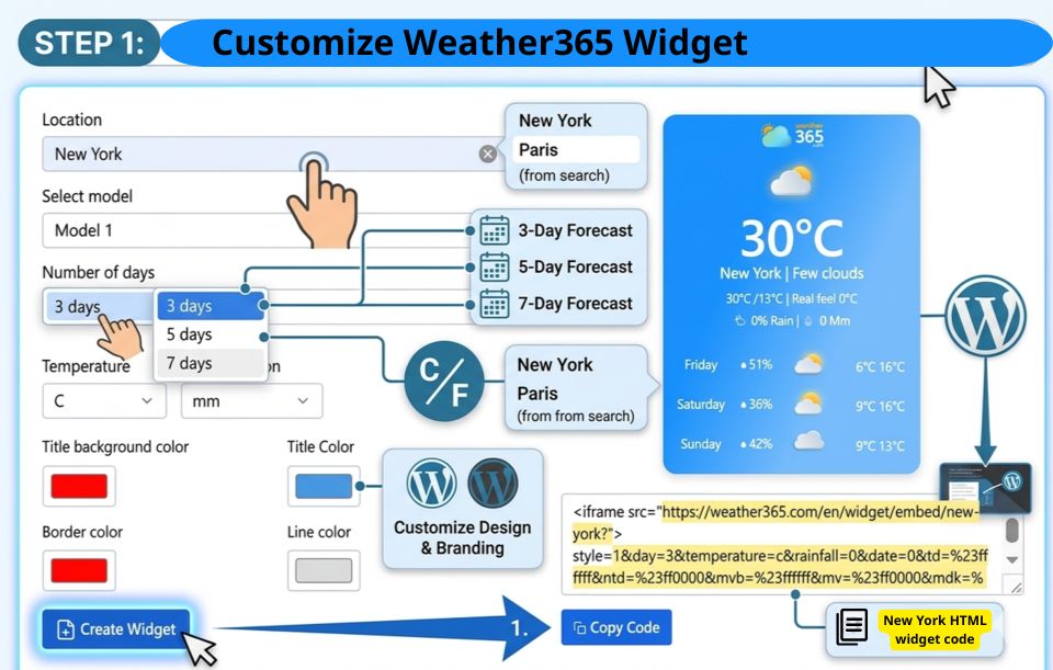 Step 1: Create a Weather365 widget and copy the HTML code