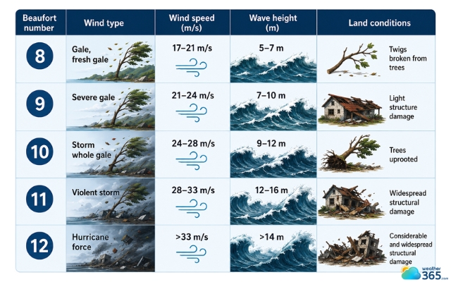 Beaufort wind scale chart from 8 to 12