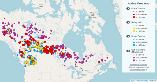 Active wildfires map in Canada on 8/29/2024
