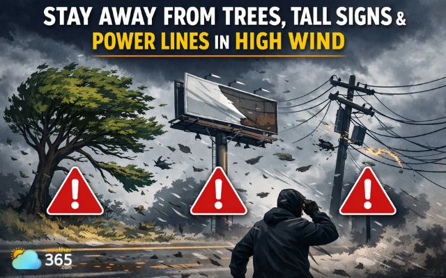 If you are outside, stay away from trees, tall signs, and power lines