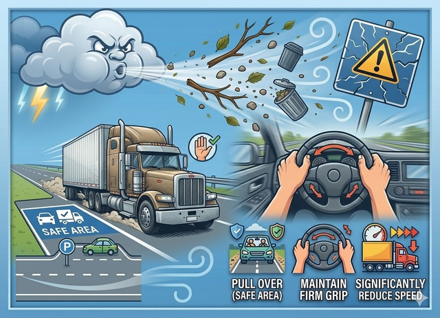 When getting a high wind warning, you should pull over to a safe location or maintain a firm grip on the steering wheel while significantly reducing your speed