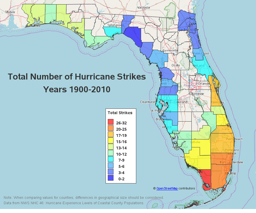 The total number of hurricane strikes on parts of Florida