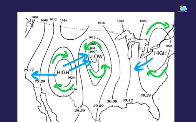 Isobars indicate pressure patterns, wind speed and direction