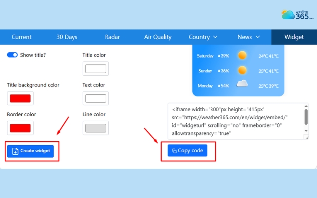 Weather365 widget generates the widget code automatically