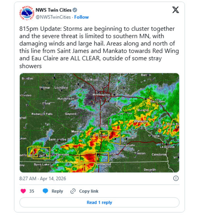 NWS announcement at 8.15 p.m