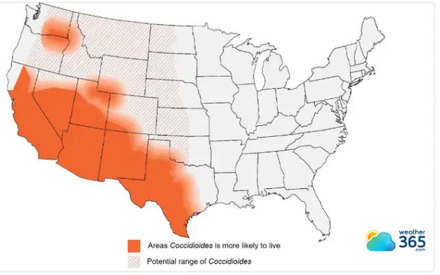 The map illustrates where valley fever is found in the United States