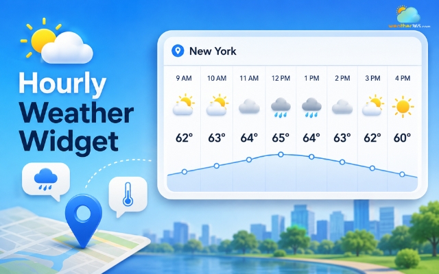 An hourly weather widget is broken down by each hour