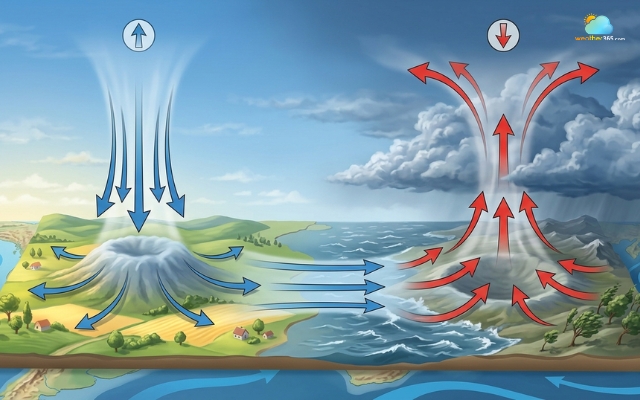 The difference in pressure drives air to move from high to low