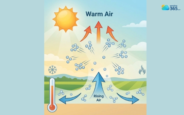 Warmer air moves faster and spreads farther apart