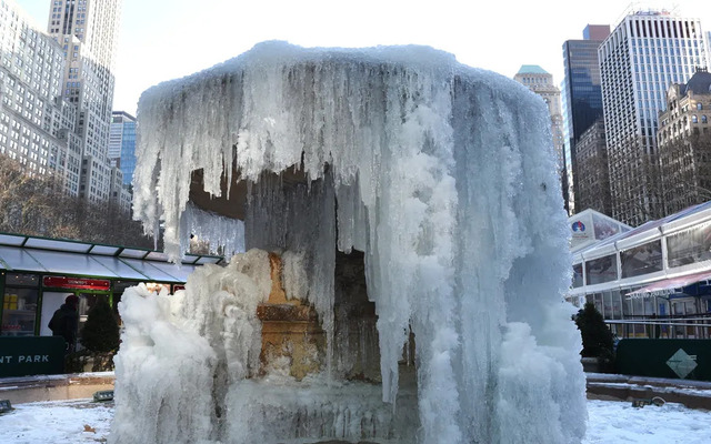 The fountain at Bryan Park is officially frozen in the bomb cyclone of 2018