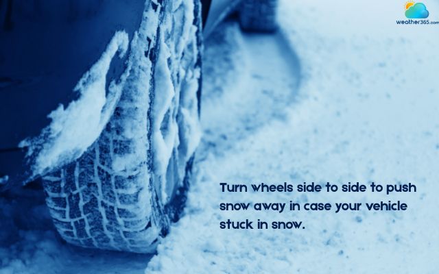 Turn the wheels side to side to push snow away.