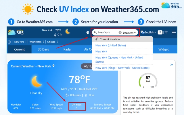 Check the UV index on Weather365