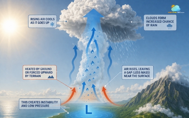  Rising air help clouds to form