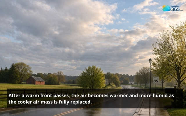 The air becomes warmer and more humid after warm front passes