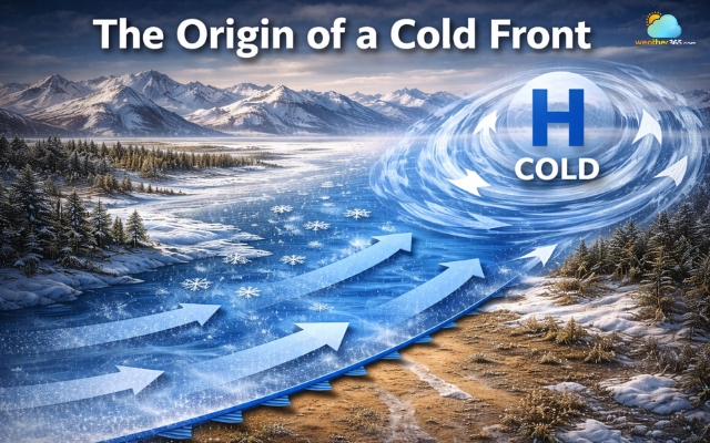 Cold fronts begin in regions where cold and dense air accumulates