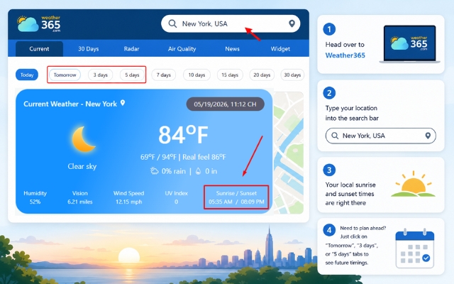 Quickly check sunrise and sunset times on Weather365