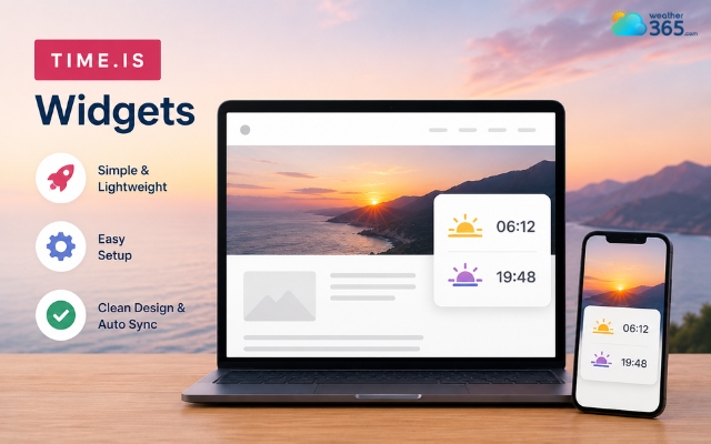 Time.is offers simple and lightweight sunrise sunset widgets