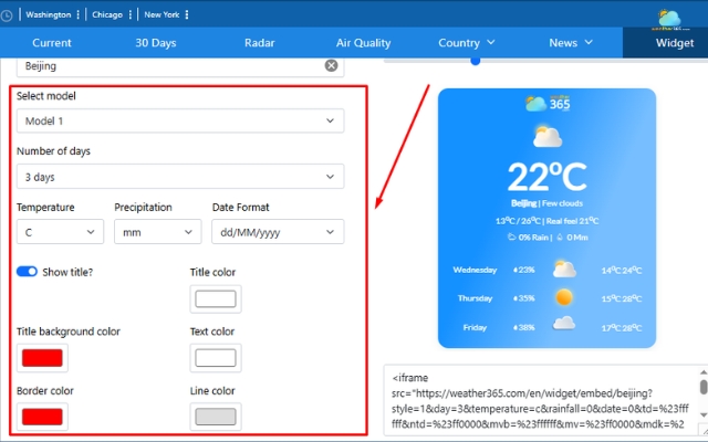 Customize the weather widget to match your site’s design