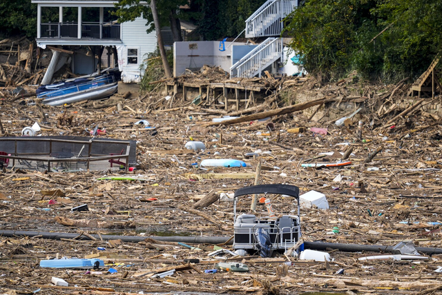 The lake is covered with debris following Hurricane Helene