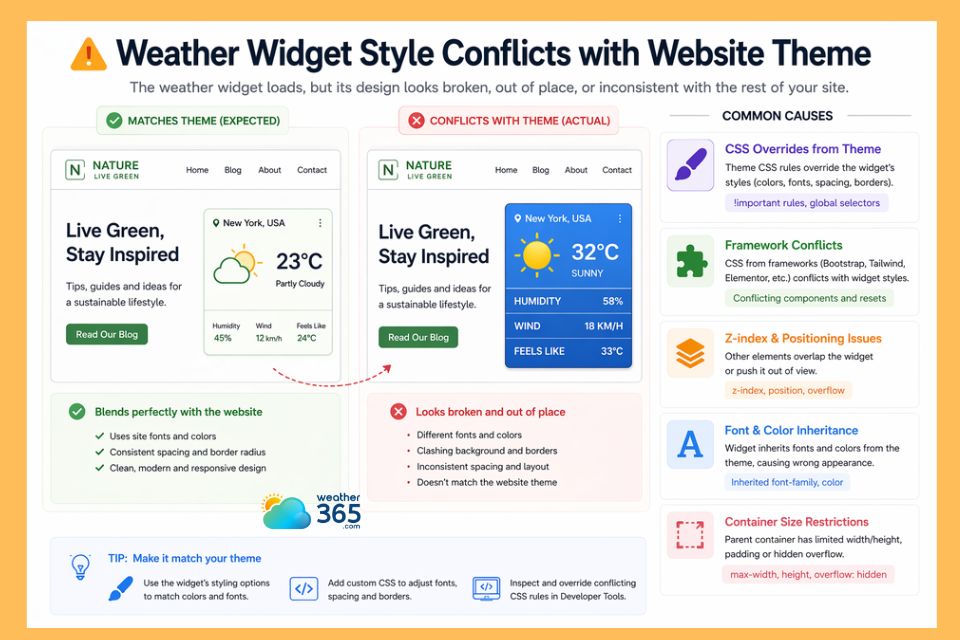 Causes for weather widget style conflicts with website theme