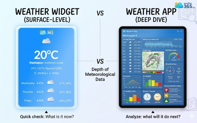 Weather widgets and weather apps differ in the depth of data