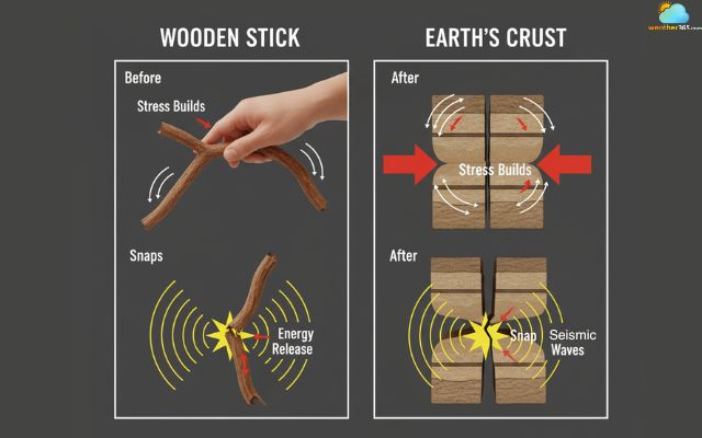 Stored energy is released after the rock breaks